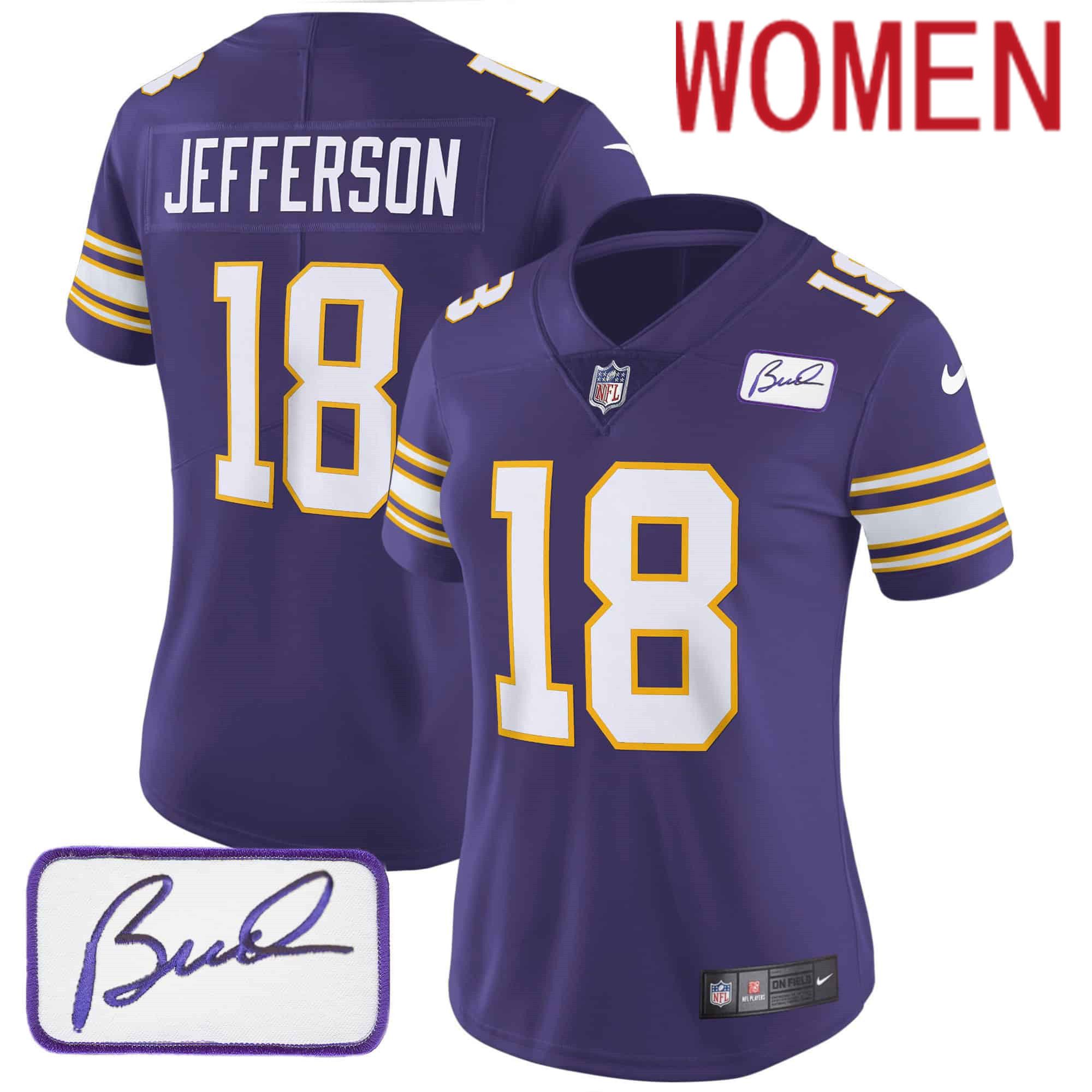 Women Minnesota Vikings #18 Jefferson Purple 2024 Nike Bud Grant Patch Classic Limited NFL Jersey style 1